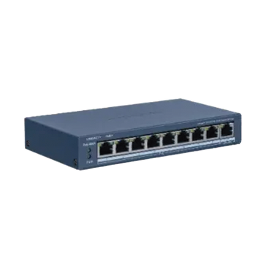 Switch PoE+ / Monitoreable / 8 Puertos 100 Mbps PoE+ / 1 Puerto 1000 Mbps Uplink / PoE hasta 300 metros / Conexión Remota desde Hik-PartnerPro / 60 W