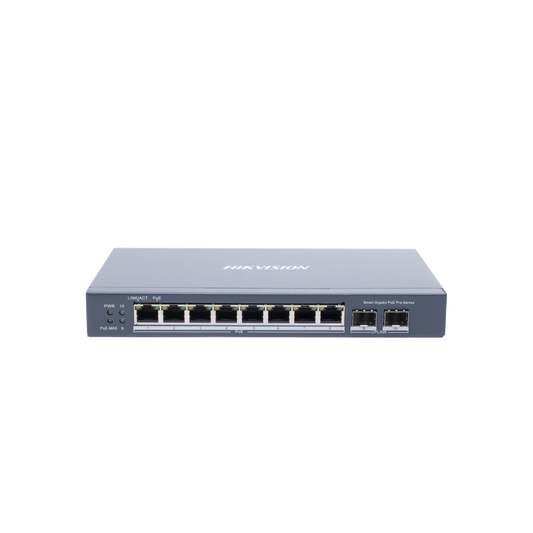 Switch Gigabit PoE+ / Administrable / 8 Puertos Gigabit PoE+ / 2 Puertos SFP / Configuración Remota desde Hik-PartnerPro / PoE Hasta 300 Metros / 110 W