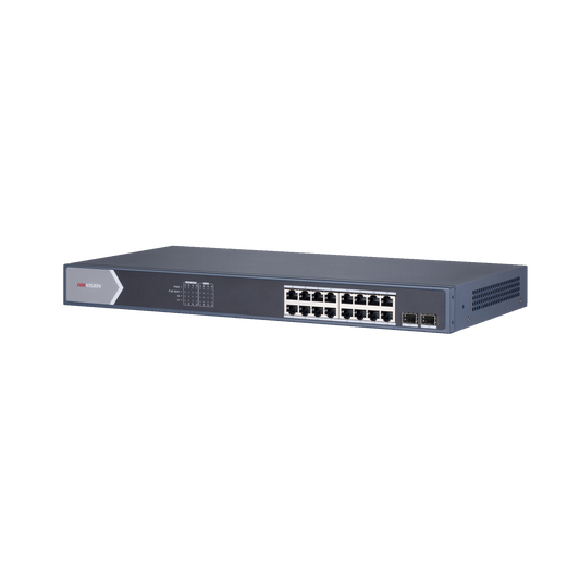 Switch Gigabit PoE+ / Administrable / 16 Puertos 1000 Mbps PoE+ / 2 Puertos SFP / Configuración Remota desde Hik-ParnerPro / PoE hasta 300 Metros / 225 Watts