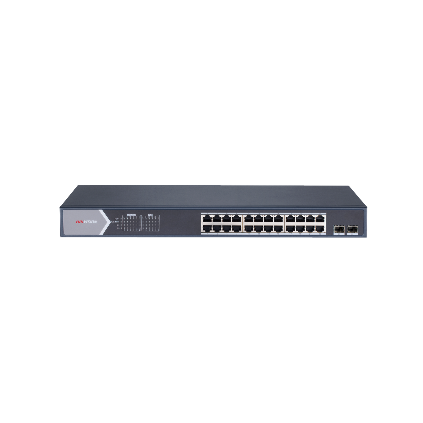 Switch Gigabit PoE+ / Administrable / 24 Puertos 1000 Mbps PoE+ / 2 Puertos SFP / Configuración Remota desde Hik-PartnerPro / PoE Extendido 250 Metros / 370 Watts