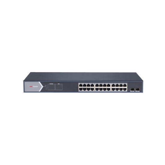 Switch Gigabit PoE+ / Administrable / 24 Puertos 1000 Mbps PoE+ / 2 Puertos SFP / Configuración Remota desde Hik-PartnerPro / PoE Extendido 250 Metros / 370 Watts