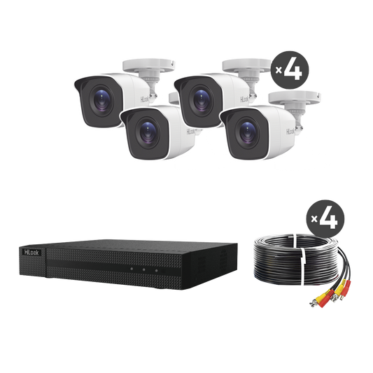 KIT TurboHD 1080p / DVR 4 canales / 4 Cámaras Bala de Metal / H.265+ / 1 Fuente de Poder Profesional / Accesorios de Instalación