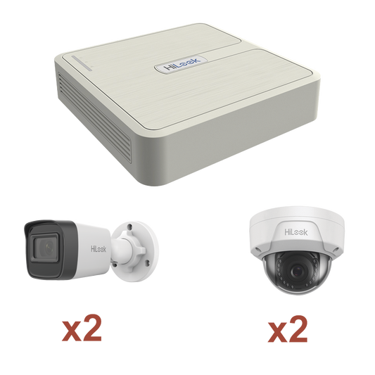 Kit IP 1080p (2 Megapixel) / NVR de 4 Canales con 4 Puertos PoE / 2 Cámaras IP Bala para Exterior / 2 Cámaras IP Domo para Exterior